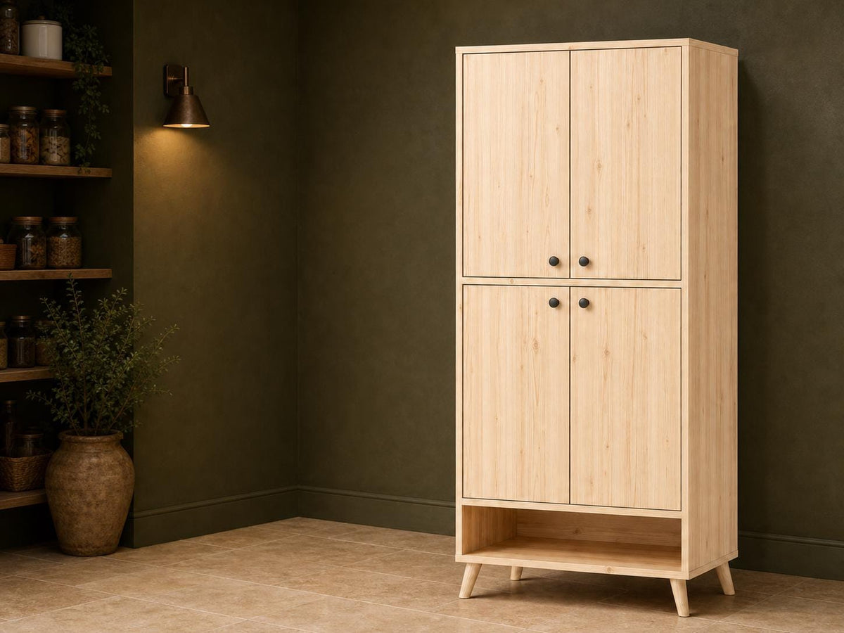Natural Pine 4-Door 5-Shelf Wooden Storage Cabinet - Multipurpose