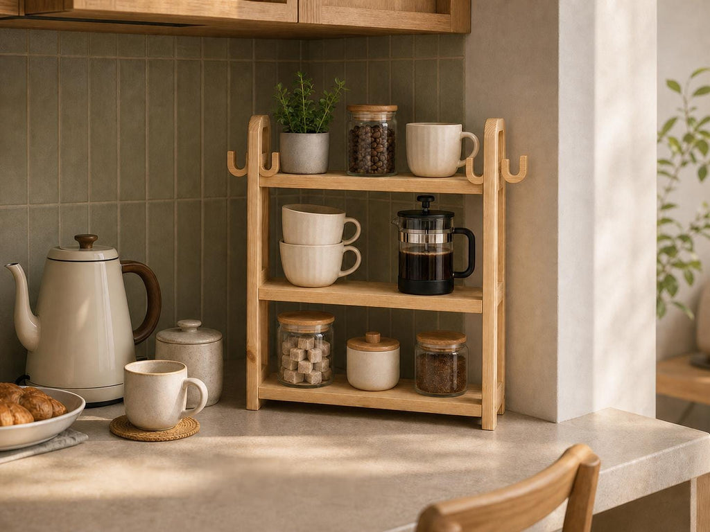 Natural Pine Wood Kitchen Shelf Organizer with Three Tiers