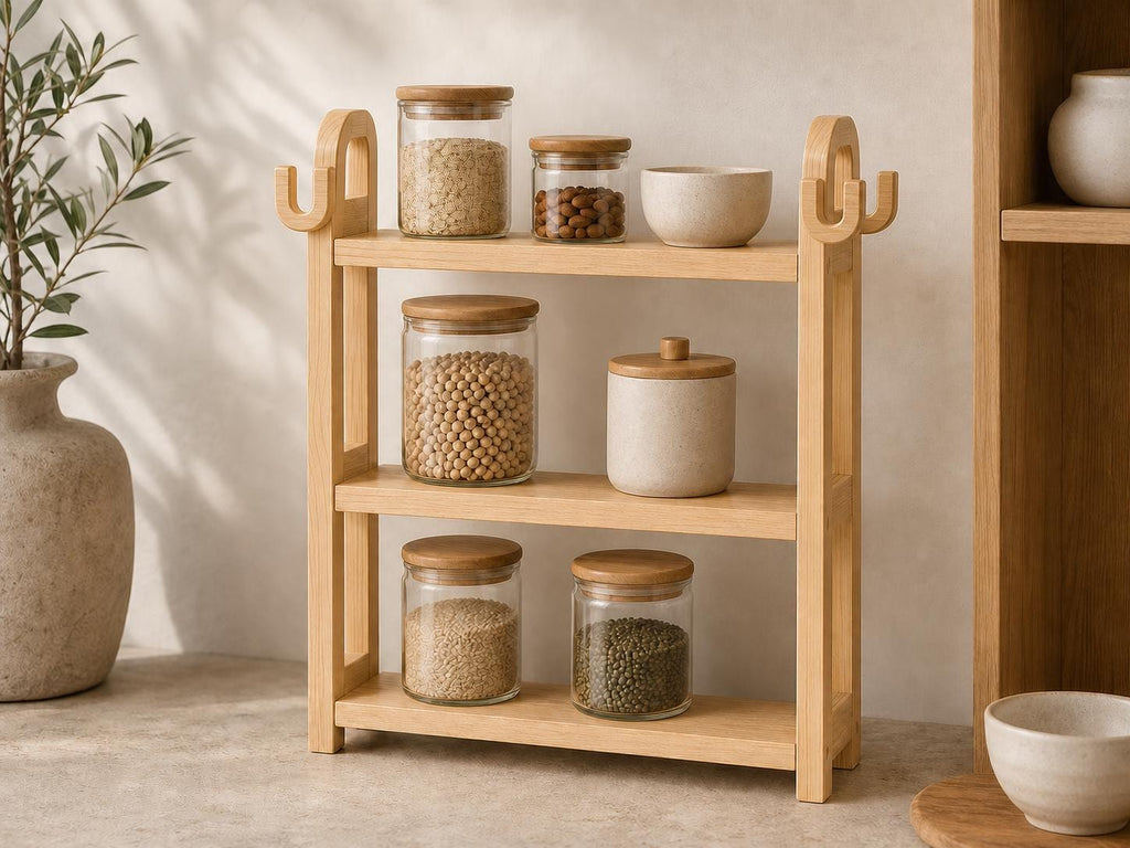 Natural Pine Wood Kitchen Shelf Organizer with Three Tiers