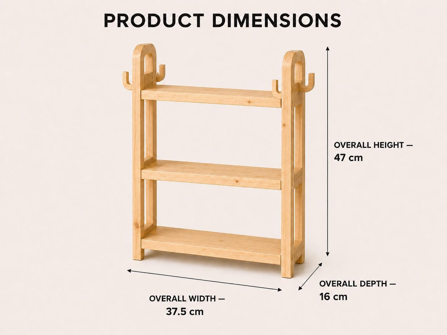 Natural Pine Wood Kitchen Shelf Organizer with Three Tiers