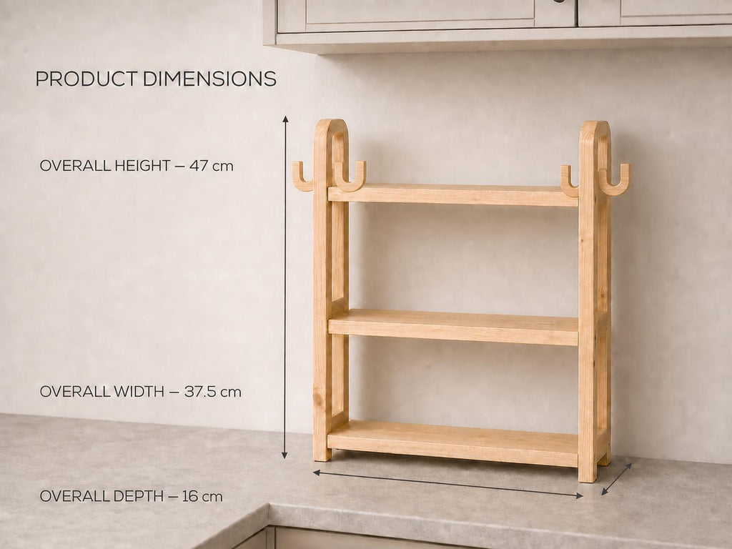 Natural Pine Wood Kitchen Shelf Organizer with Three Tiers