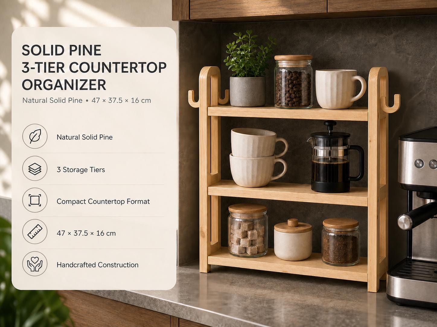 Natural Pine Wood Kitchen Shelf Organizer with Three Tiers