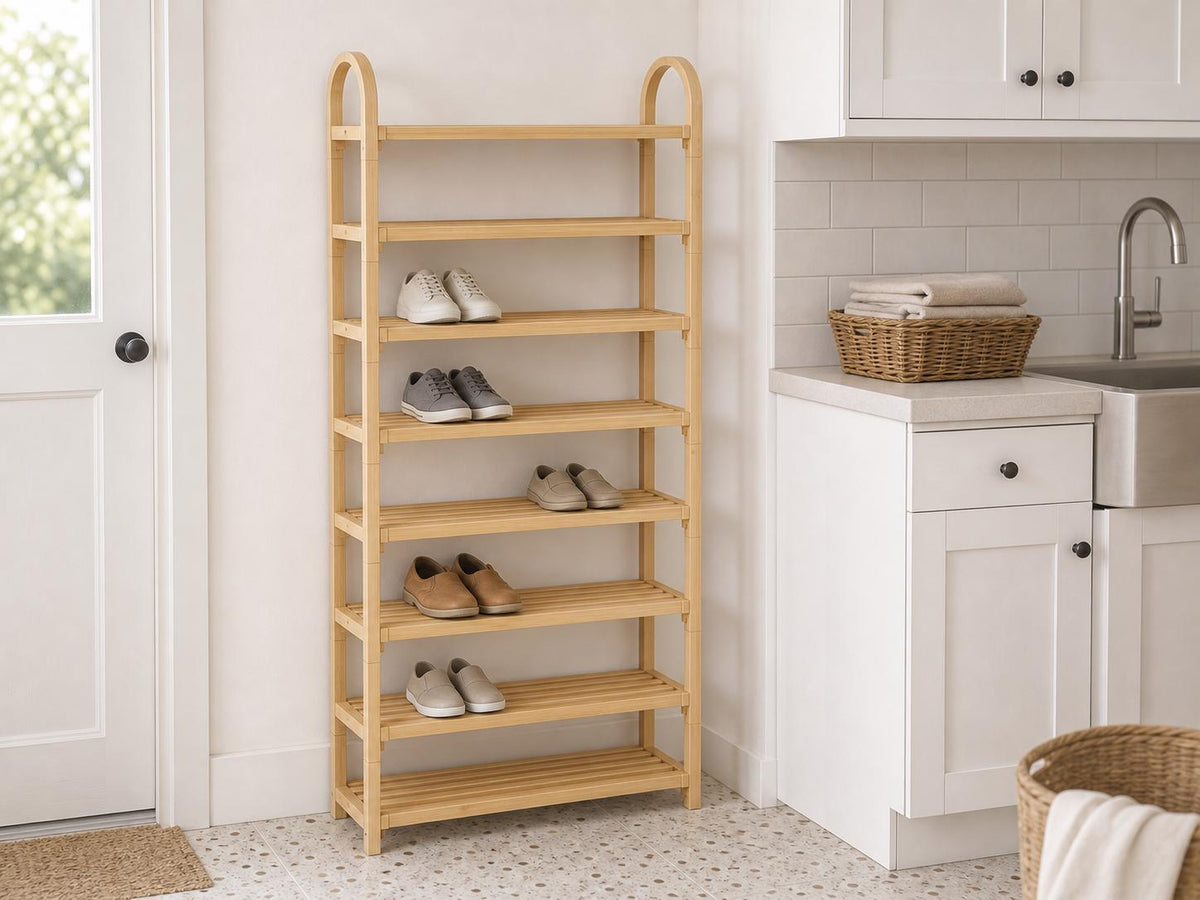 Bamboo Shoe Rack — Natural Pine Wood, Tall Design