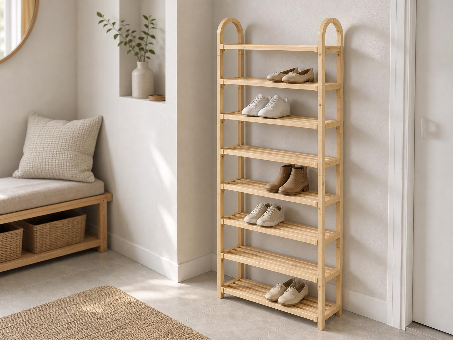 Bamboo Shoe Rack — Natural Pine Wood, Tall Design