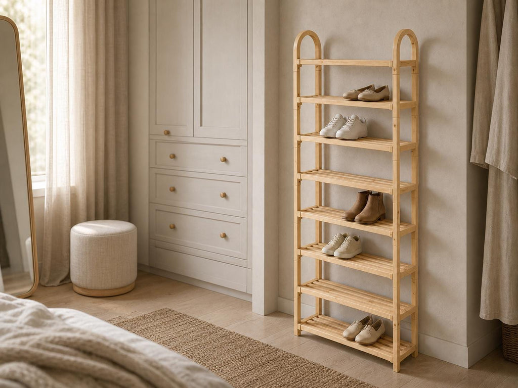 Bamboo Shoe Rack — Natural Pine Wood, Tall Design