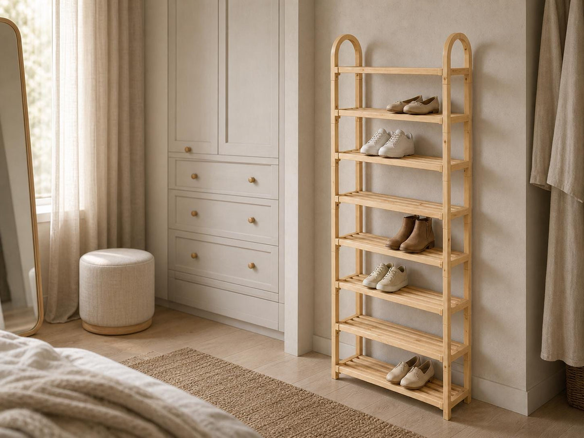 Bamboo Shoe Rack — Natural Pine Wood, Tall Design