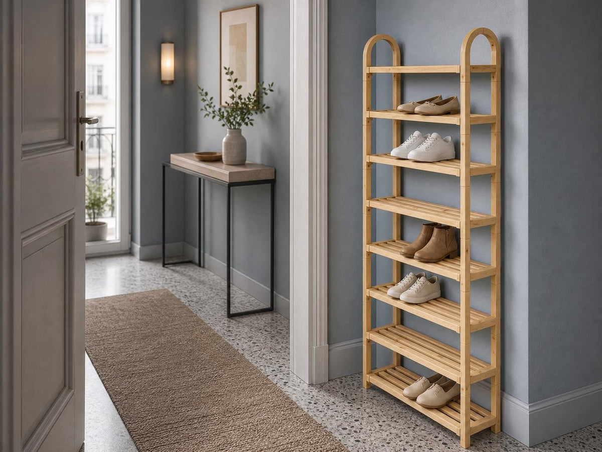 Bamboo Shoe Rack — Natural Pine Wood, Tall Design
