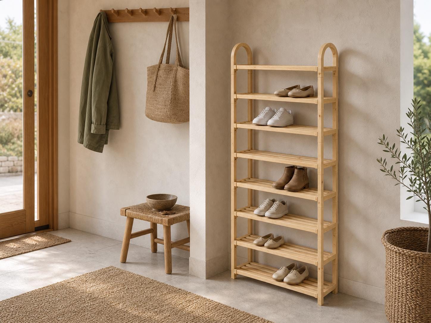 Bamboo Shoe Rack — Natural Pine Wood, Tall Design