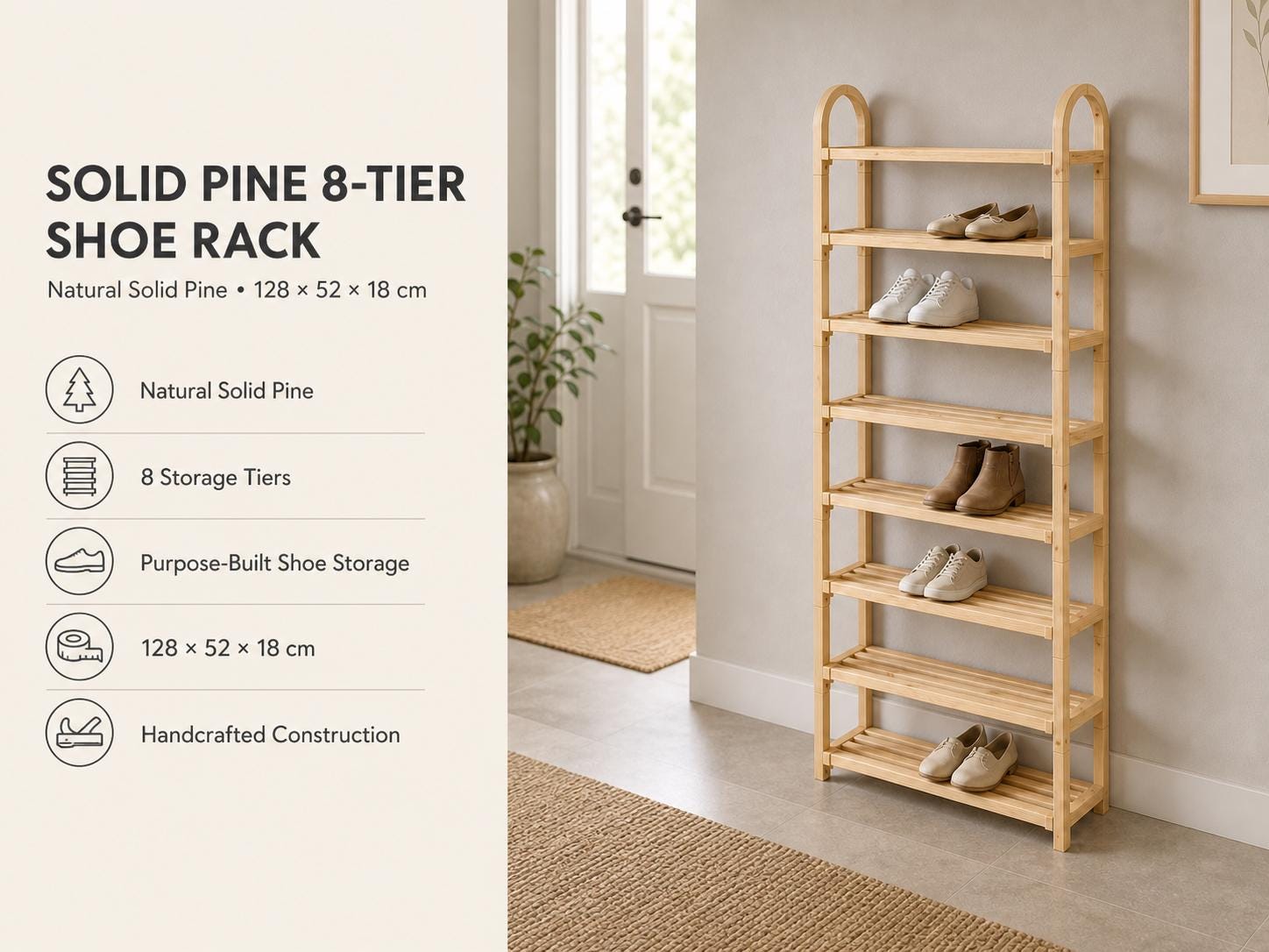 Bamboo Shoe Rack — Natural Pine Wood, Tall Design