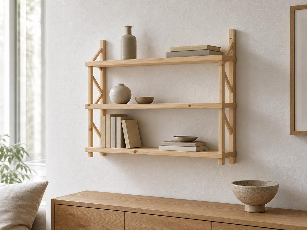 Natural Pine Wood 3-Tier Wall Shelf Unit