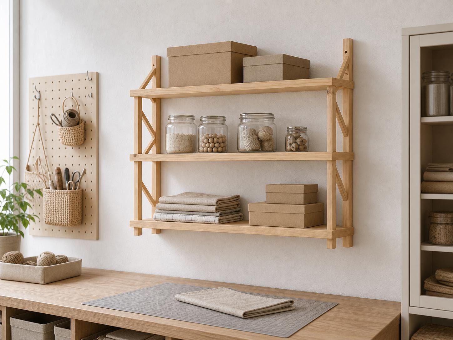 Natural Pine Wood 3-Tier Wall Shelf Unit