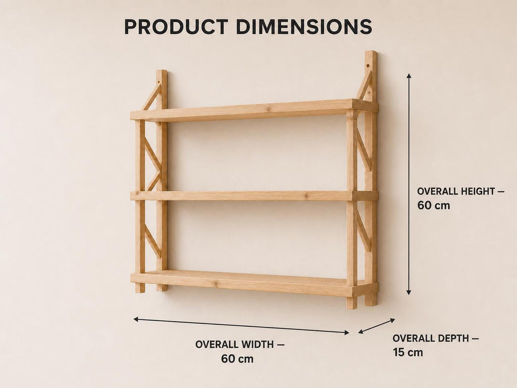 Natural Pine Wood 3-Tier Wall Shelf Unit