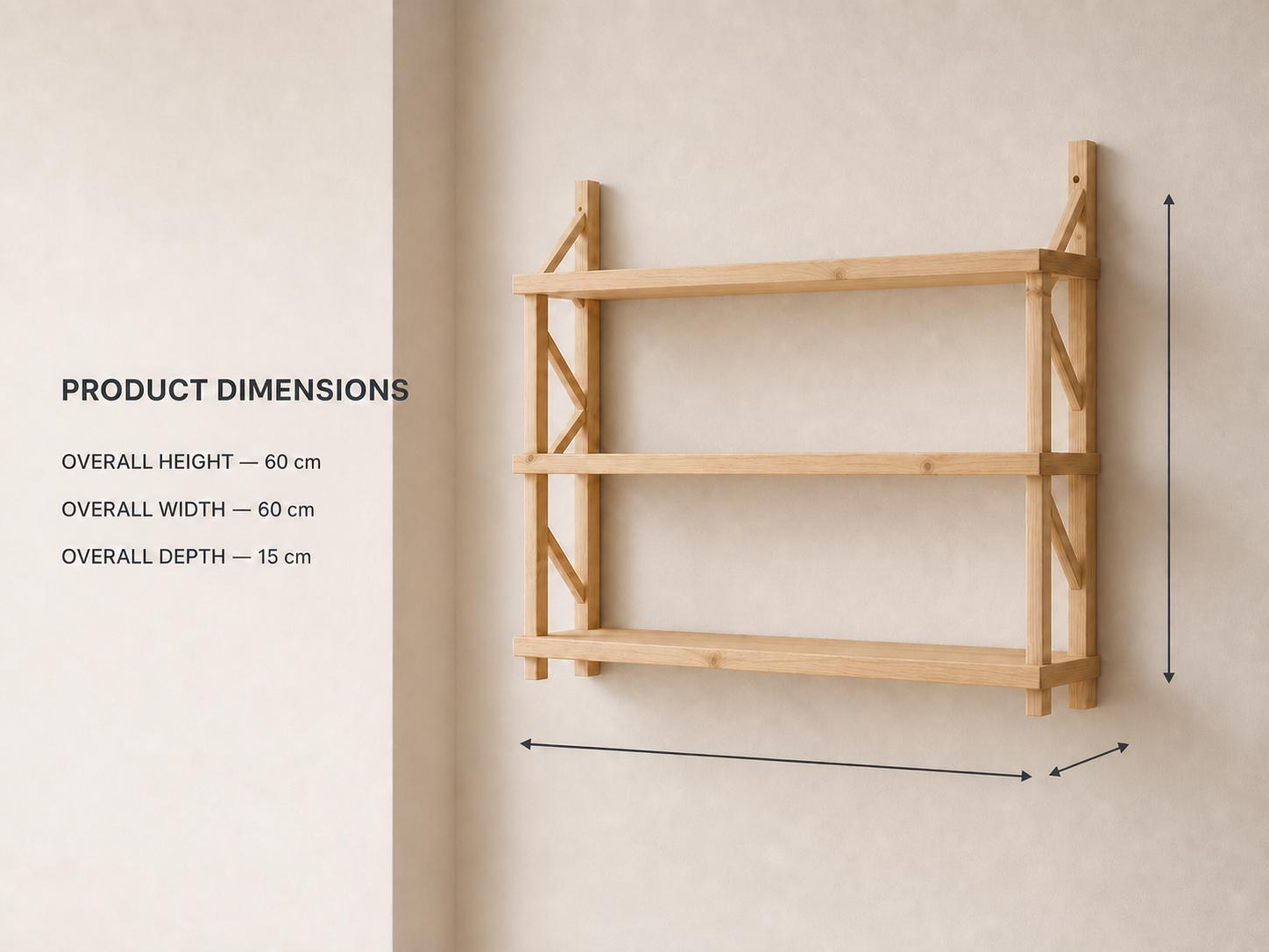 Natural Pine Wood 3-Tier Wall Shelf Unit