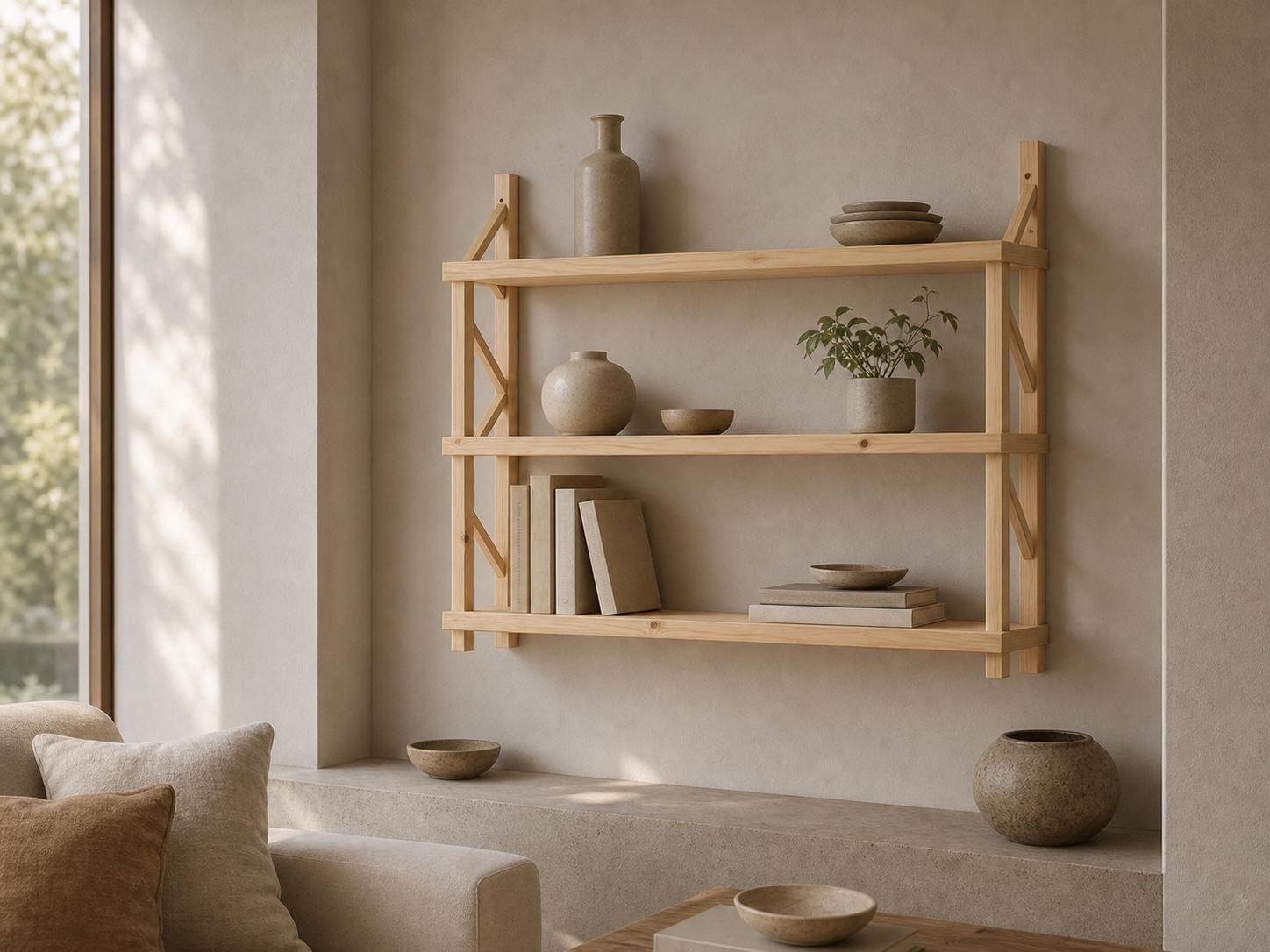 Natural Pine Wood 3-Tier Wall Shelf Unit