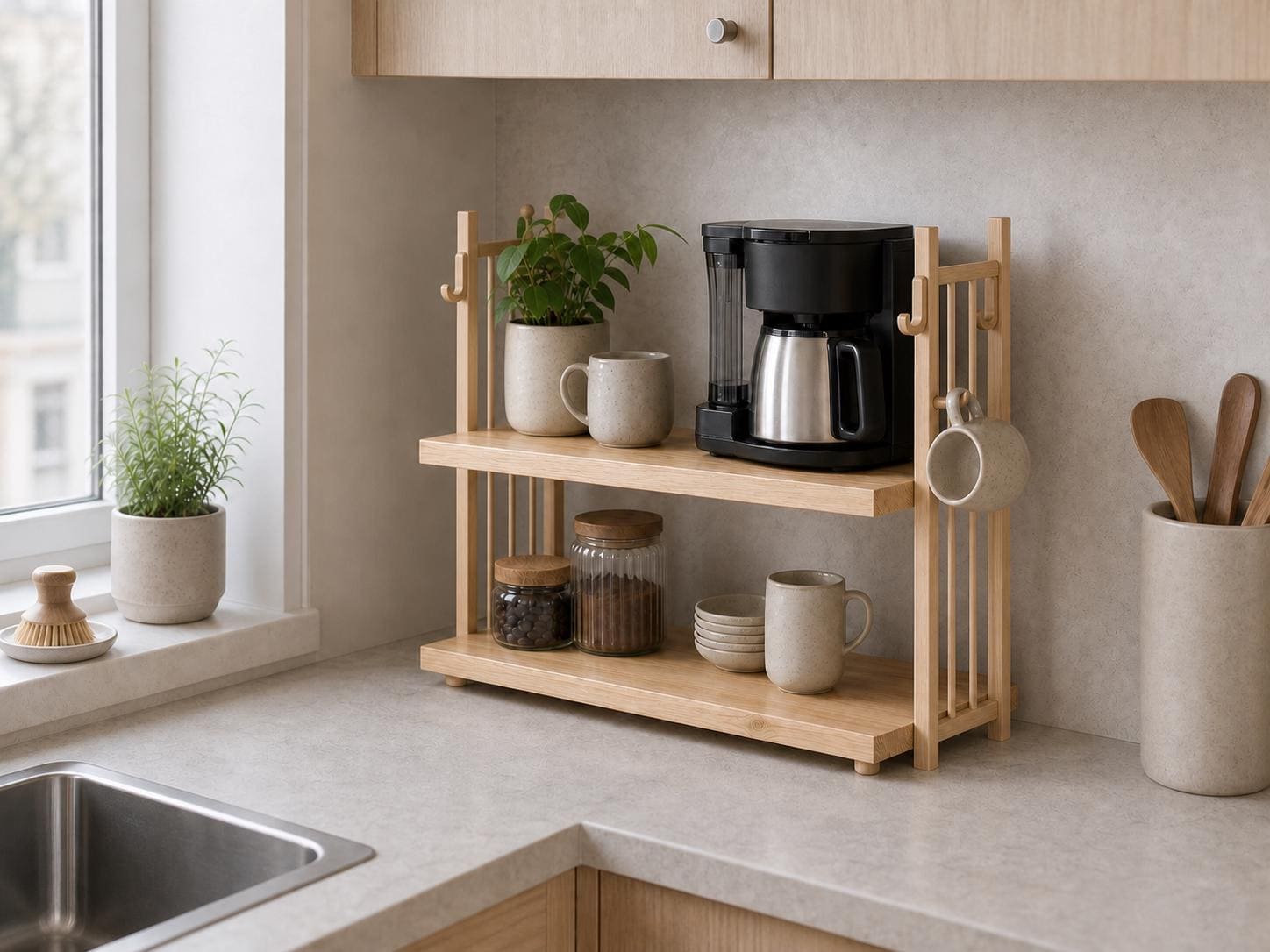 Wooden Coffee Maker Stand with Mug Hooks