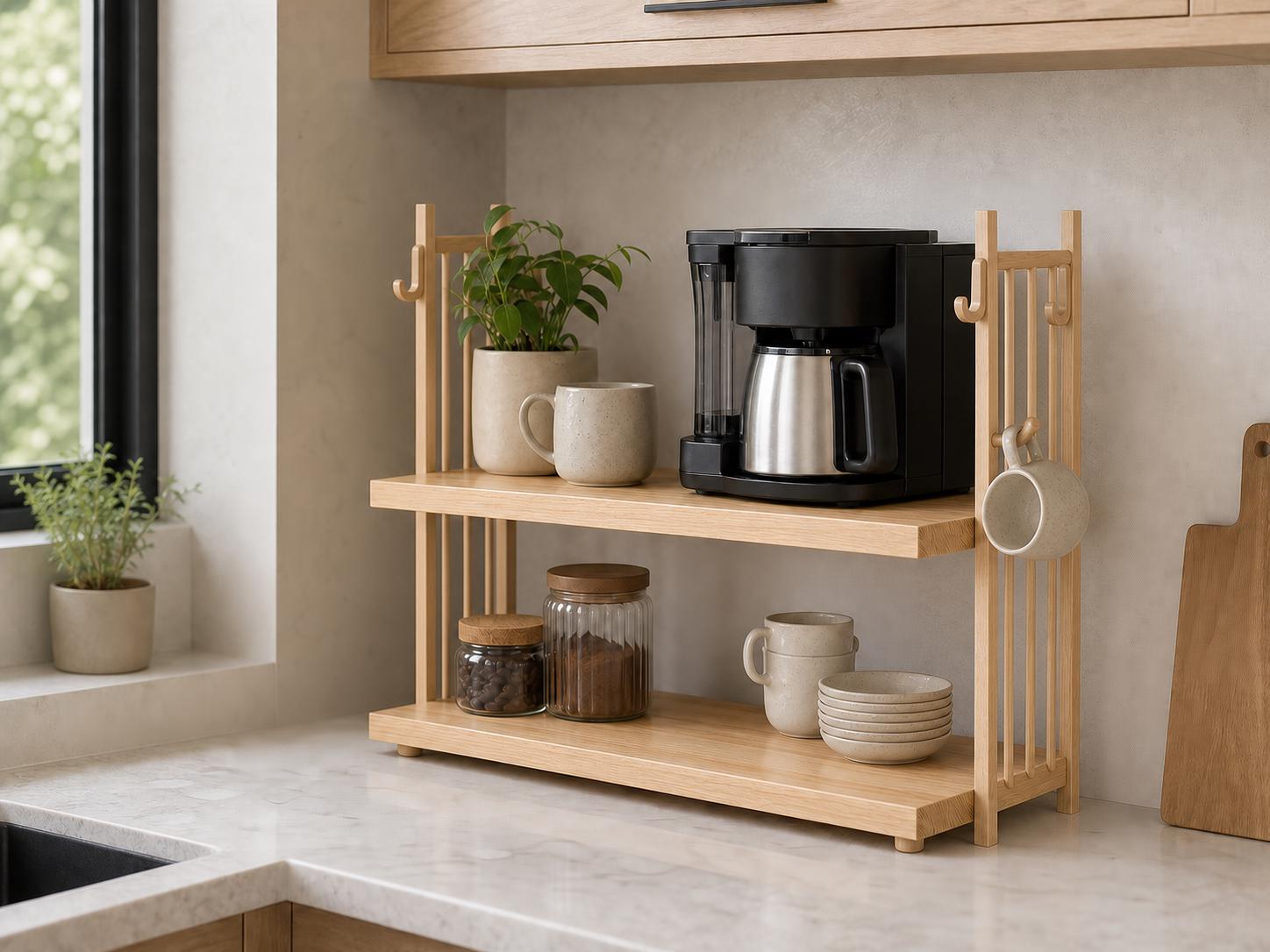 Wooden Coffee Maker Stand with Mug Hooks