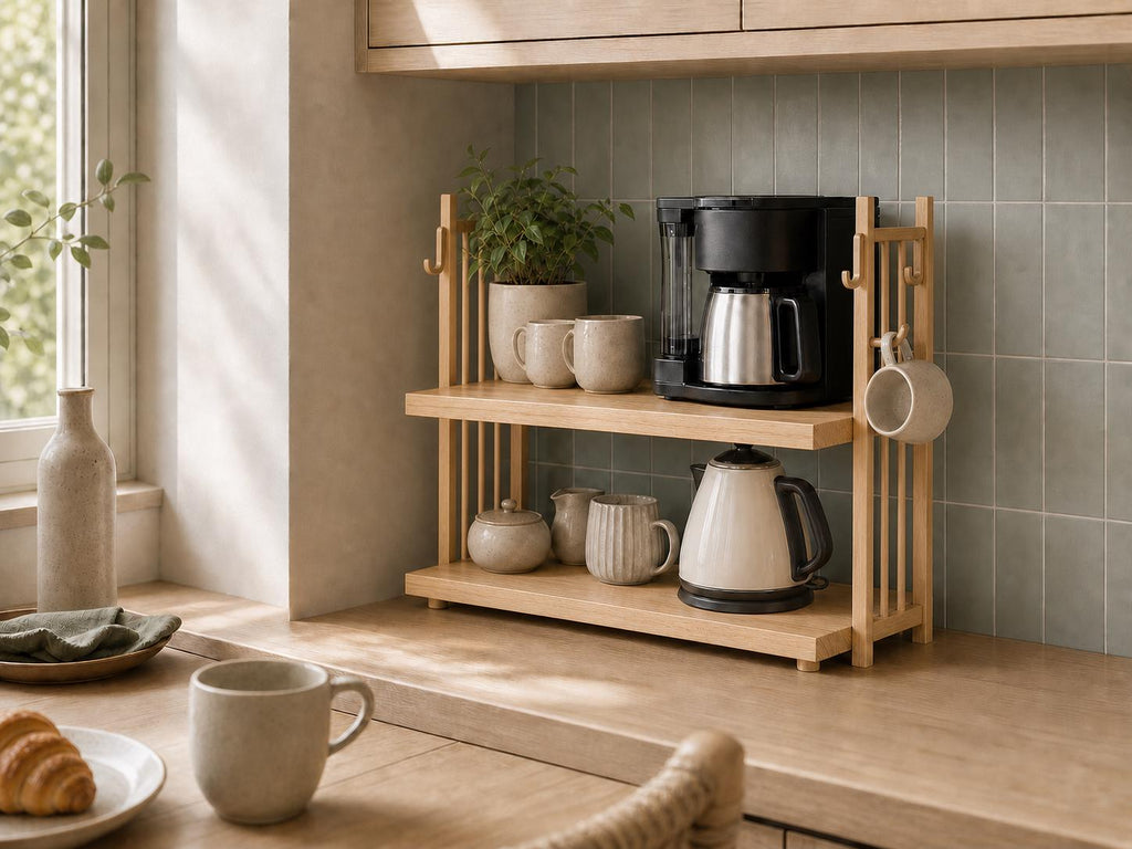 Wooden Coffee Maker Stand with Mug Hooks