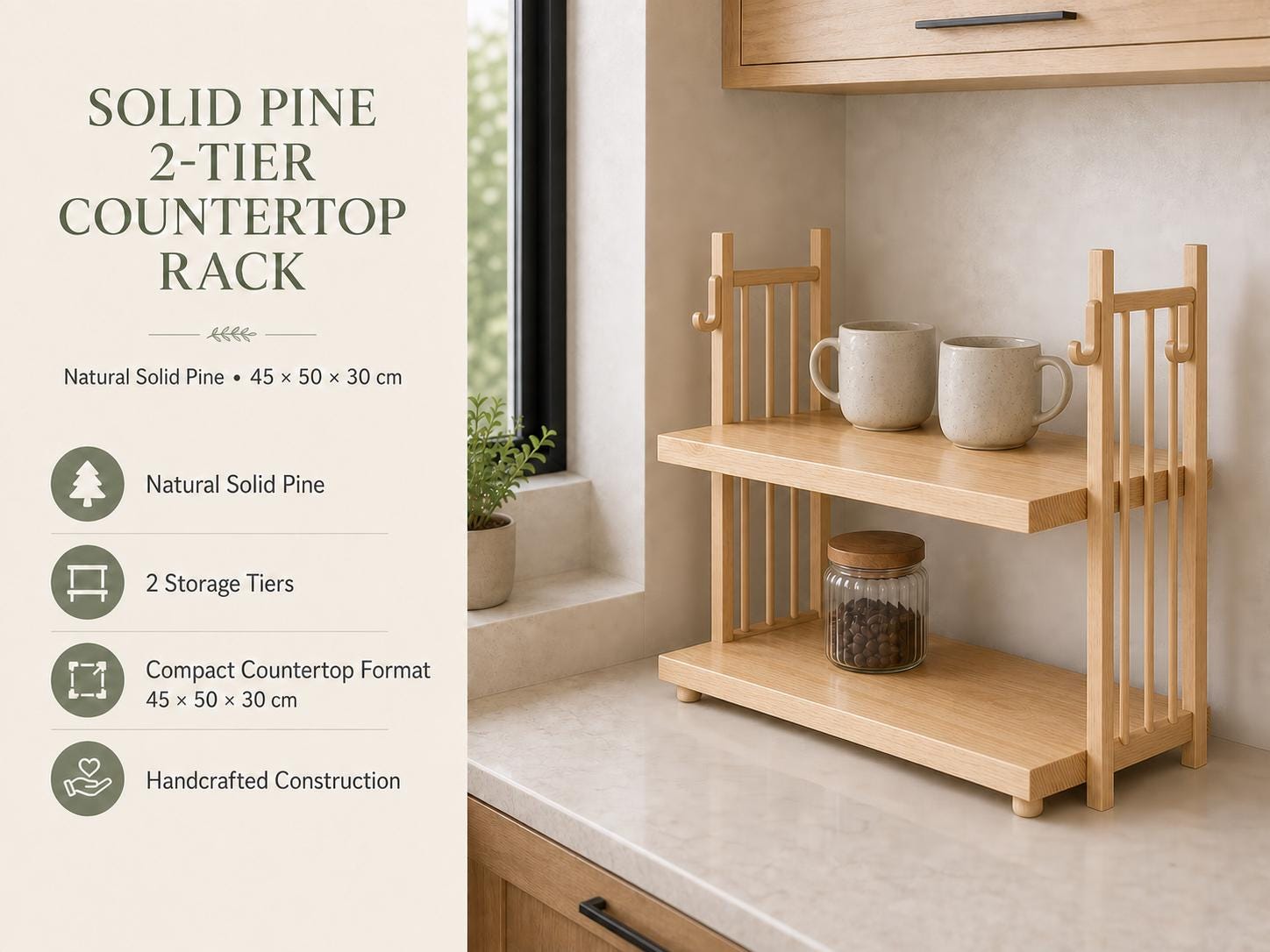 Wooden Coffee Maker Stand with Mug Hooks