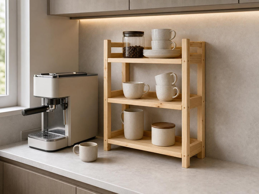 Natural Pine Wooden Shelf Rack with Three Tiers — Natural Finish