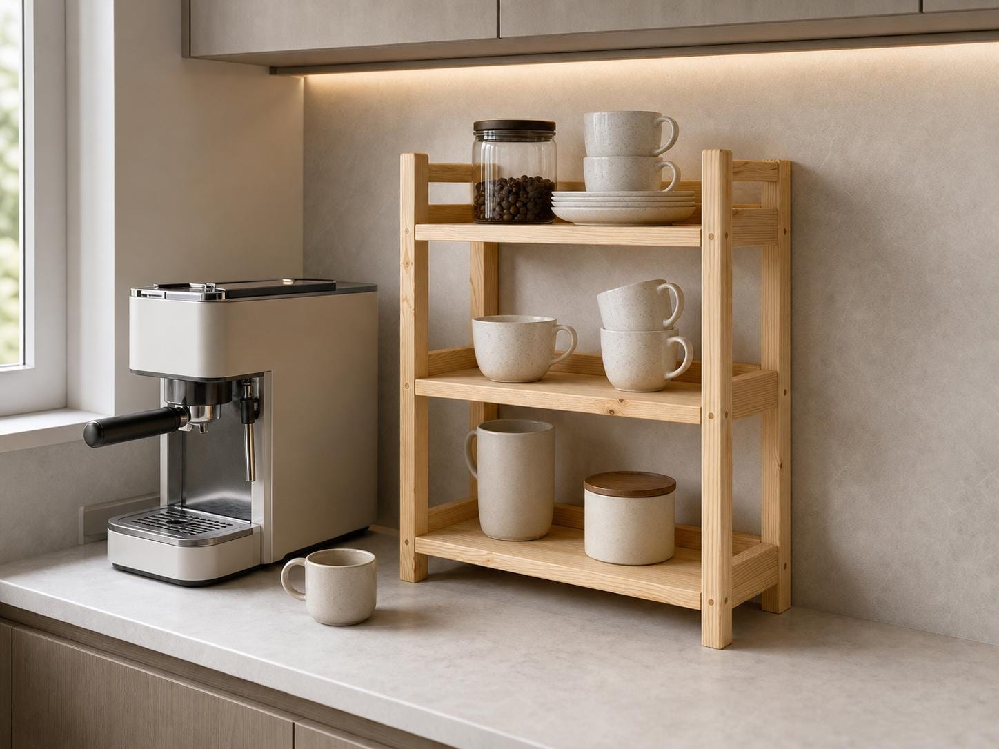 Natural Pine Wooden Shelf Rack with Three Tiers — Natural Finish