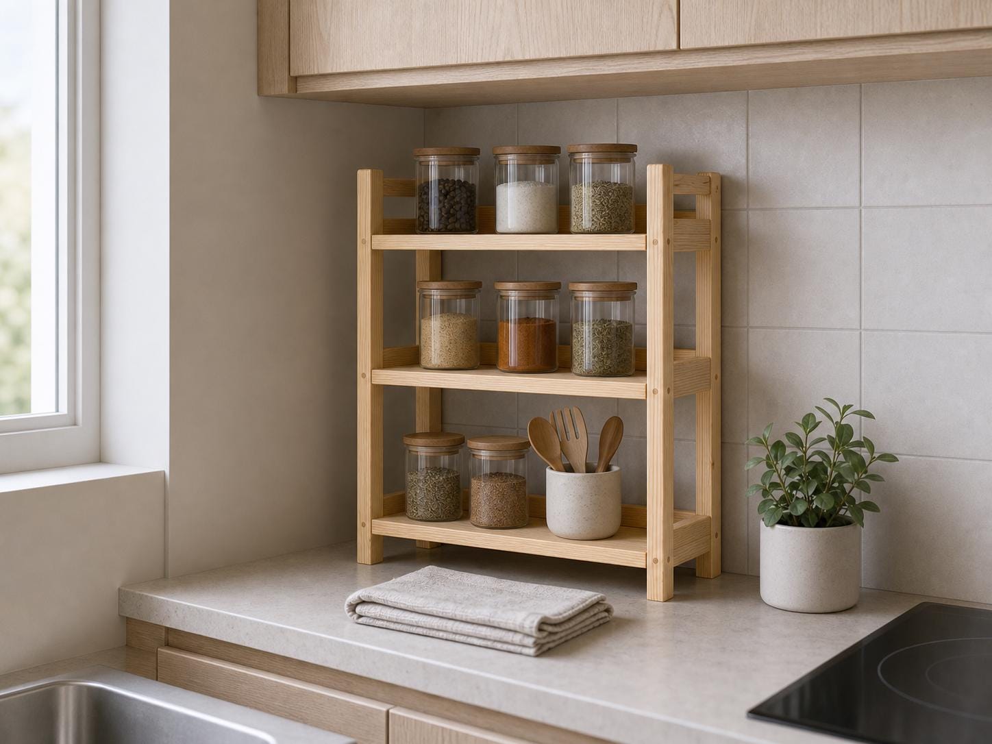 Natural Pine Wooden Shelf Rack with Three Tiers — Natural Finish