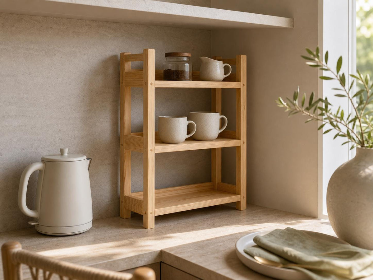 Natural Pine Wooden Shelf Rack with Three Tiers — Natural Finish