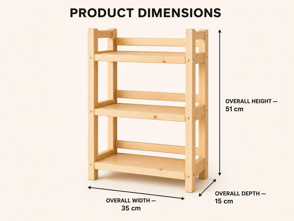 Natural Pine Wooden Shelf Rack with Three Tiers — Natural Finish
