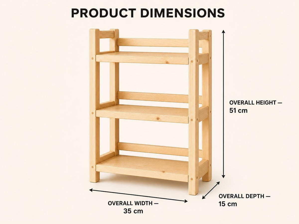 Natural Pine Wooden Shelf Rack with Three Tiers — Natural Finish