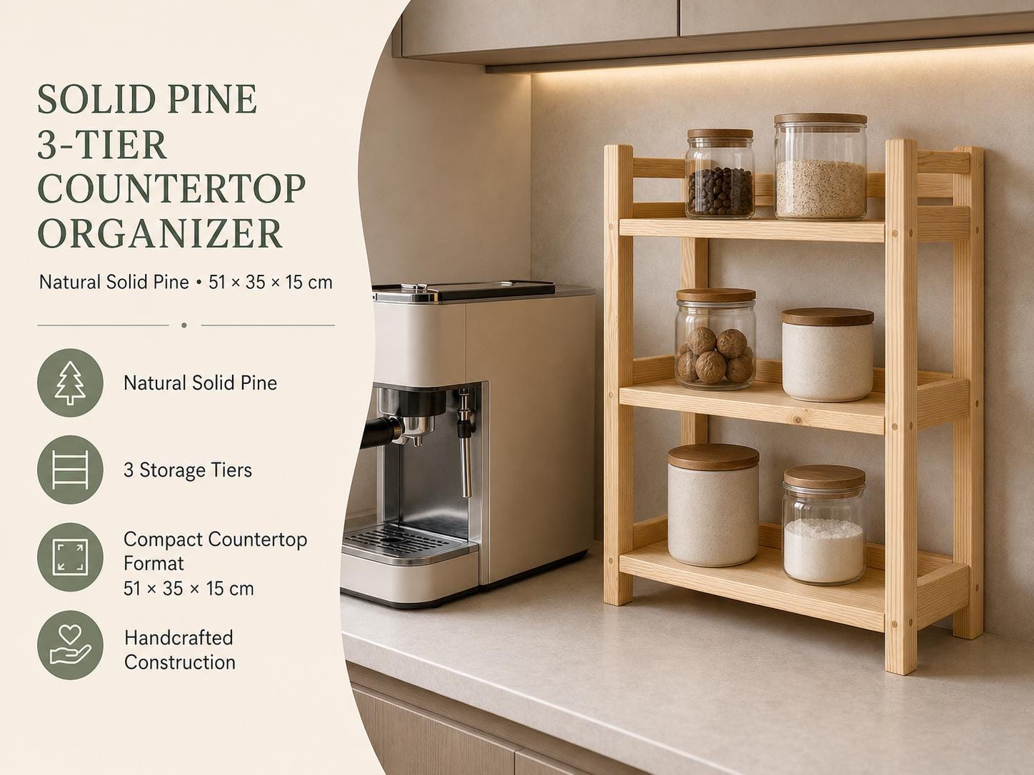 Natural Pine Wooden Shelf Rack with Three Tiers — Natural Finish