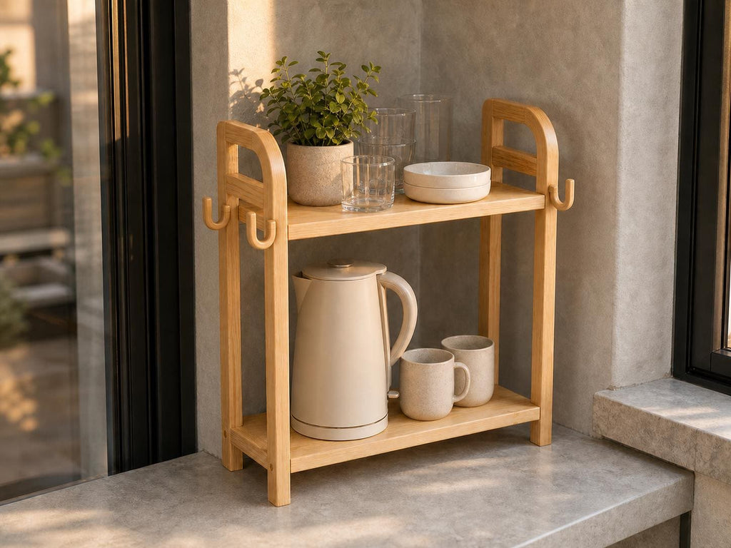 Wooden Countertop Coffee Organizer with Hooks