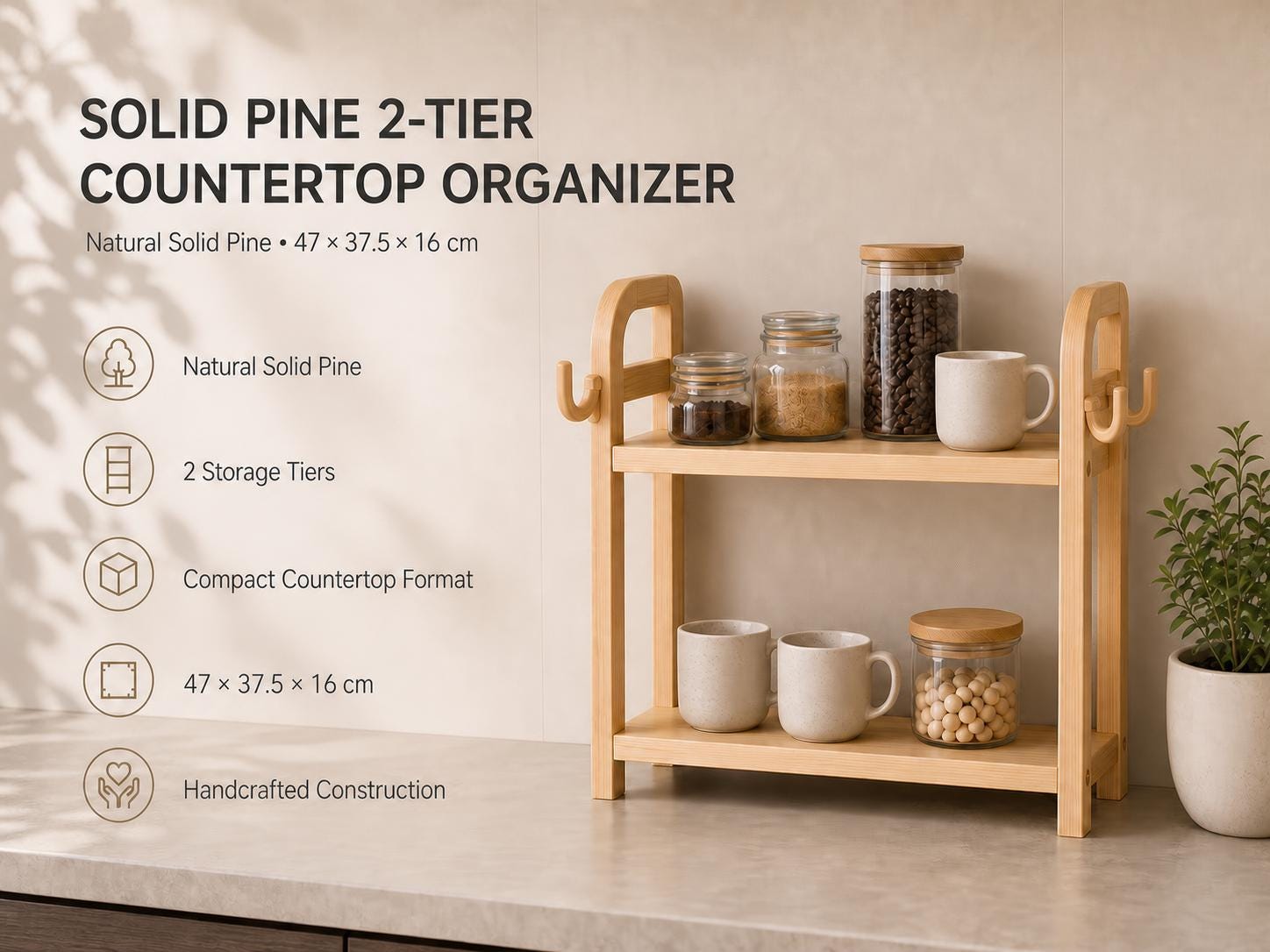 Wooden Countertop Coffee Organizer with Hooks