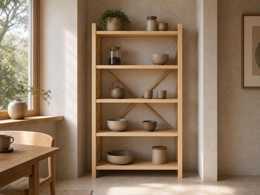 Natural Pine Wood Kitchen Shelving Unit with Open Design