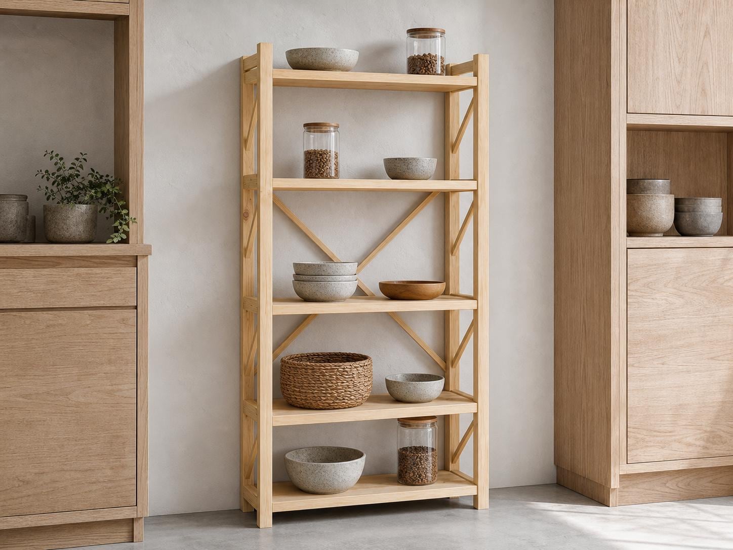 Natural Pine Wood Kitchen Shelving Unit with Open Design