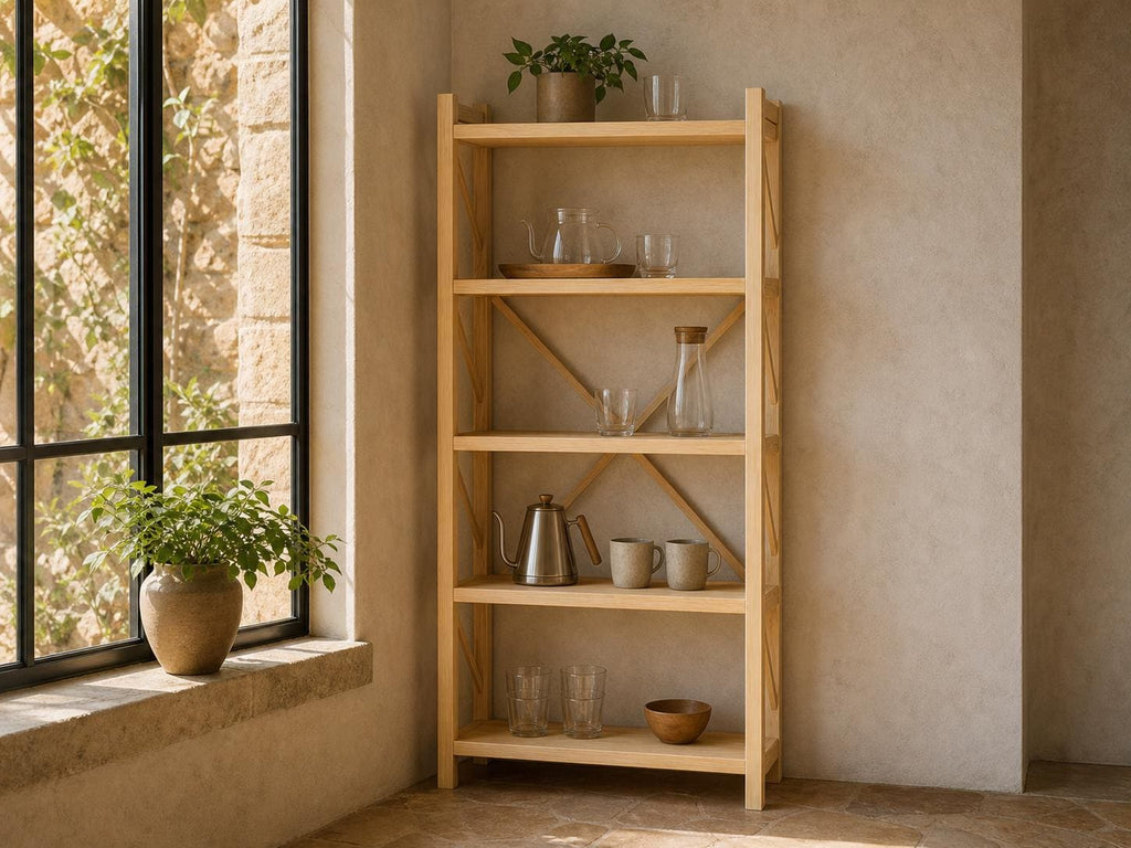 Natural Pine Wood Kitchen Shelving Unit with Open Design
