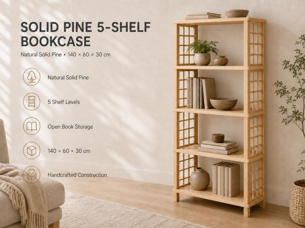 Solid Pine 5-Shelf Bookcase | Natural Open Design Storage Shelves