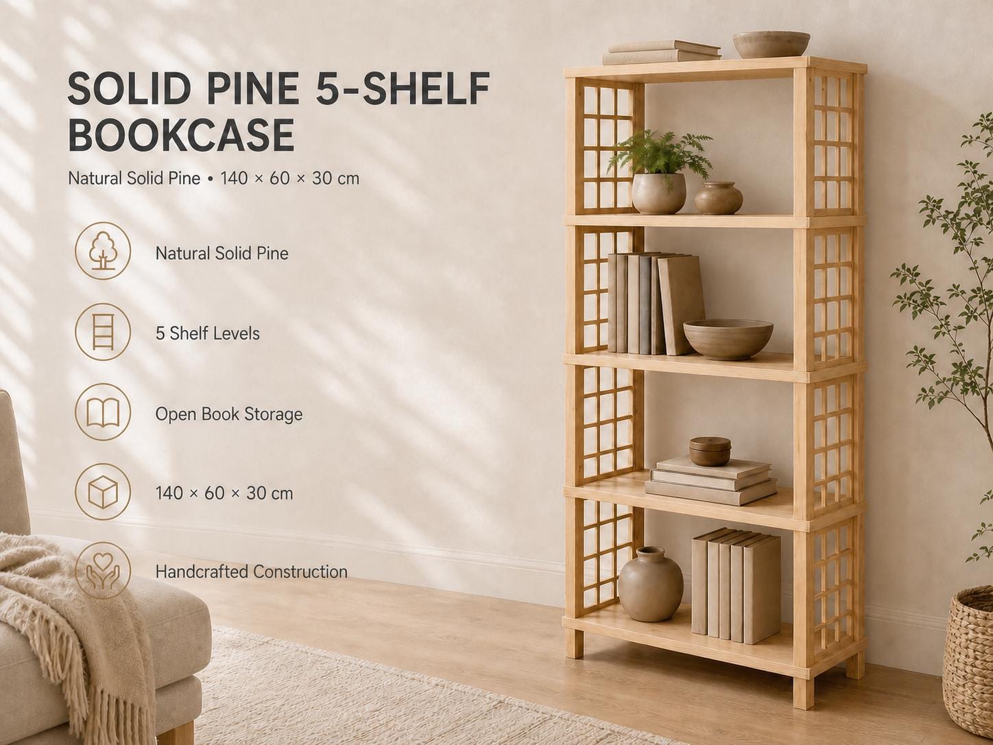 Solid Pine 5-Shelf Bookcase | Natural Open Design Storage Shelves