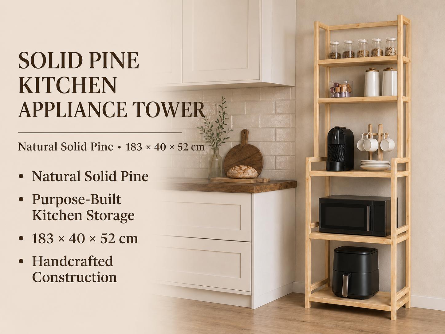 Solid Pine Kitchen Appliance Tower | 3-Tier Rustic Storage Shelf