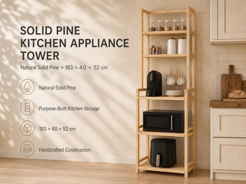 Solid Pine Kitchen Appliance Tower | 3-Tier Rustic Storage Shelf