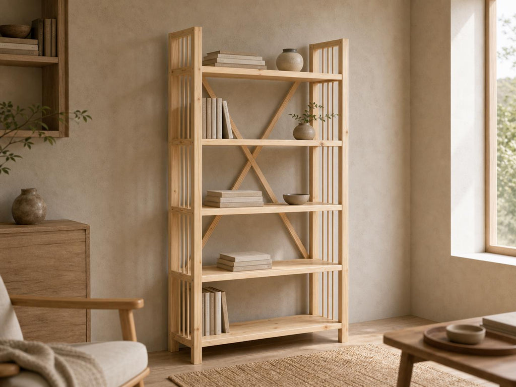 Solid Pine Open Bookcase, Natural Wood, Minimalist Modern Furniture