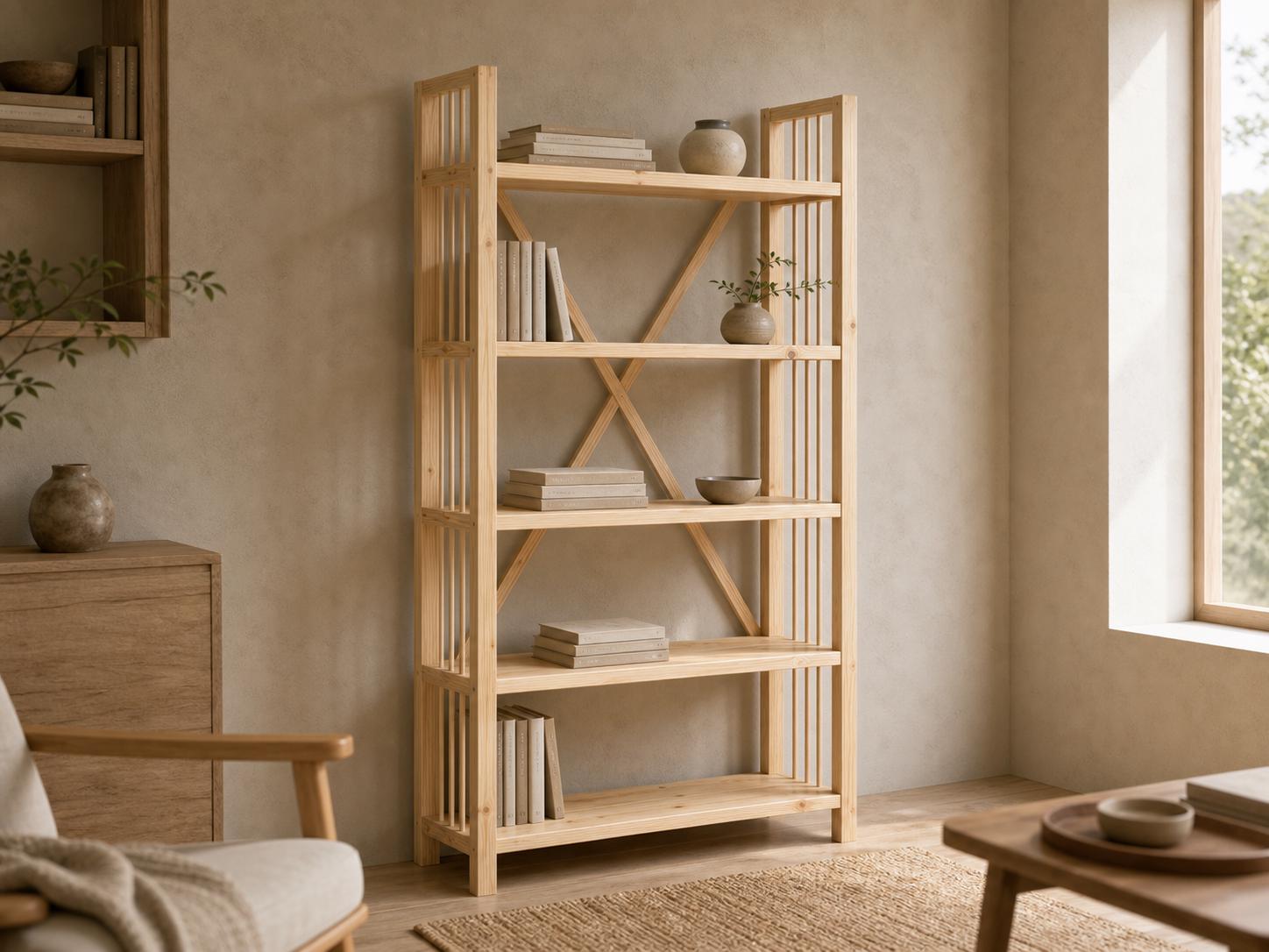 Solid Pine Open Bookcase, Natural Wood, Minimalist Modern Furniture