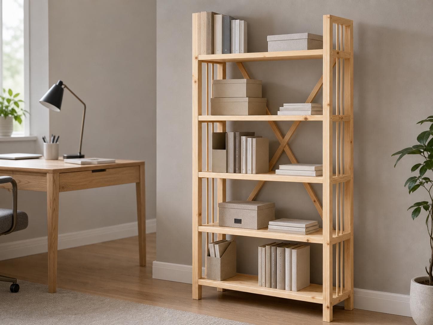 Solid Pine Open Bookcase, Natural Wood, Minimalist Modern Furniture