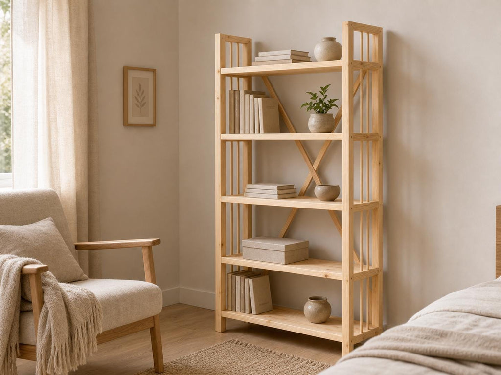 Solid Pine Open Bookcase, Natural Wood, Minimalist Modern Furniture