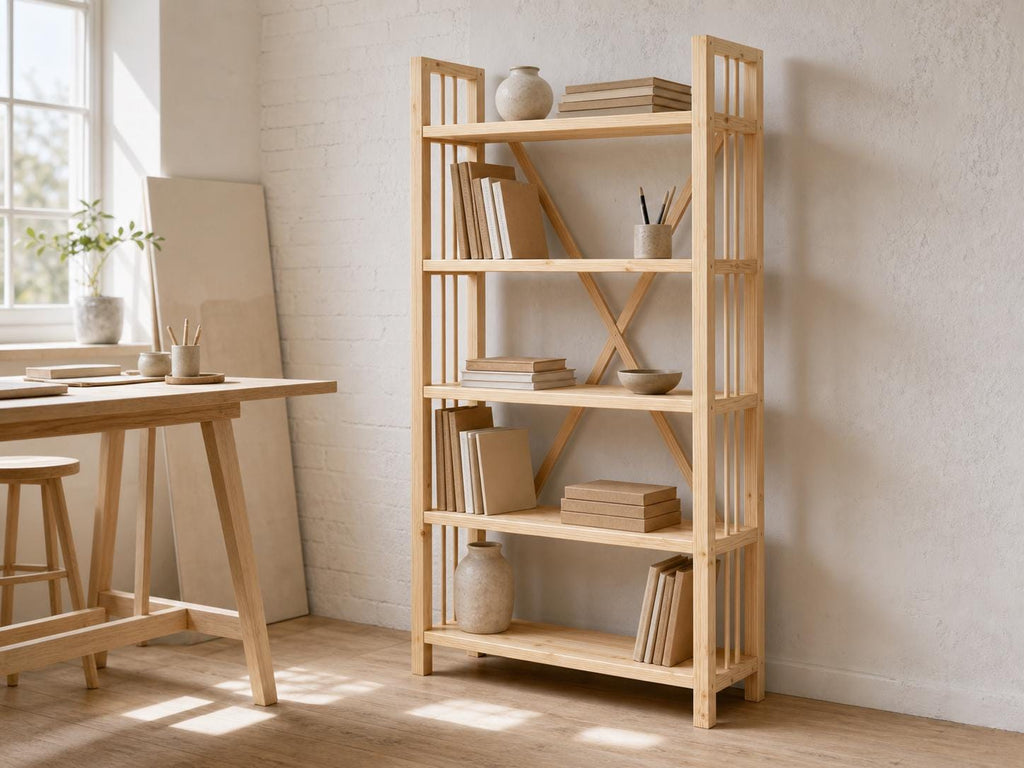 Solid Pine Open Bookcase, Natural Wood, Minimalist Modern Furniture