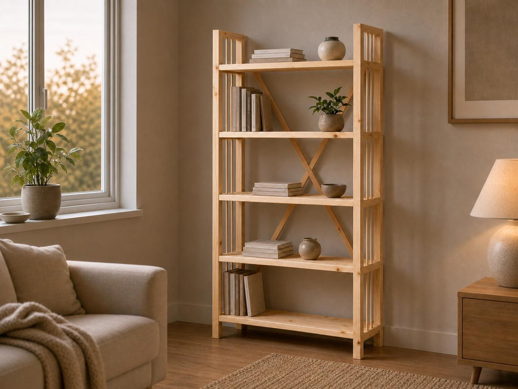 Solid Pine Open Bookcase, Natural Wood, Minimalist Modern Furniture