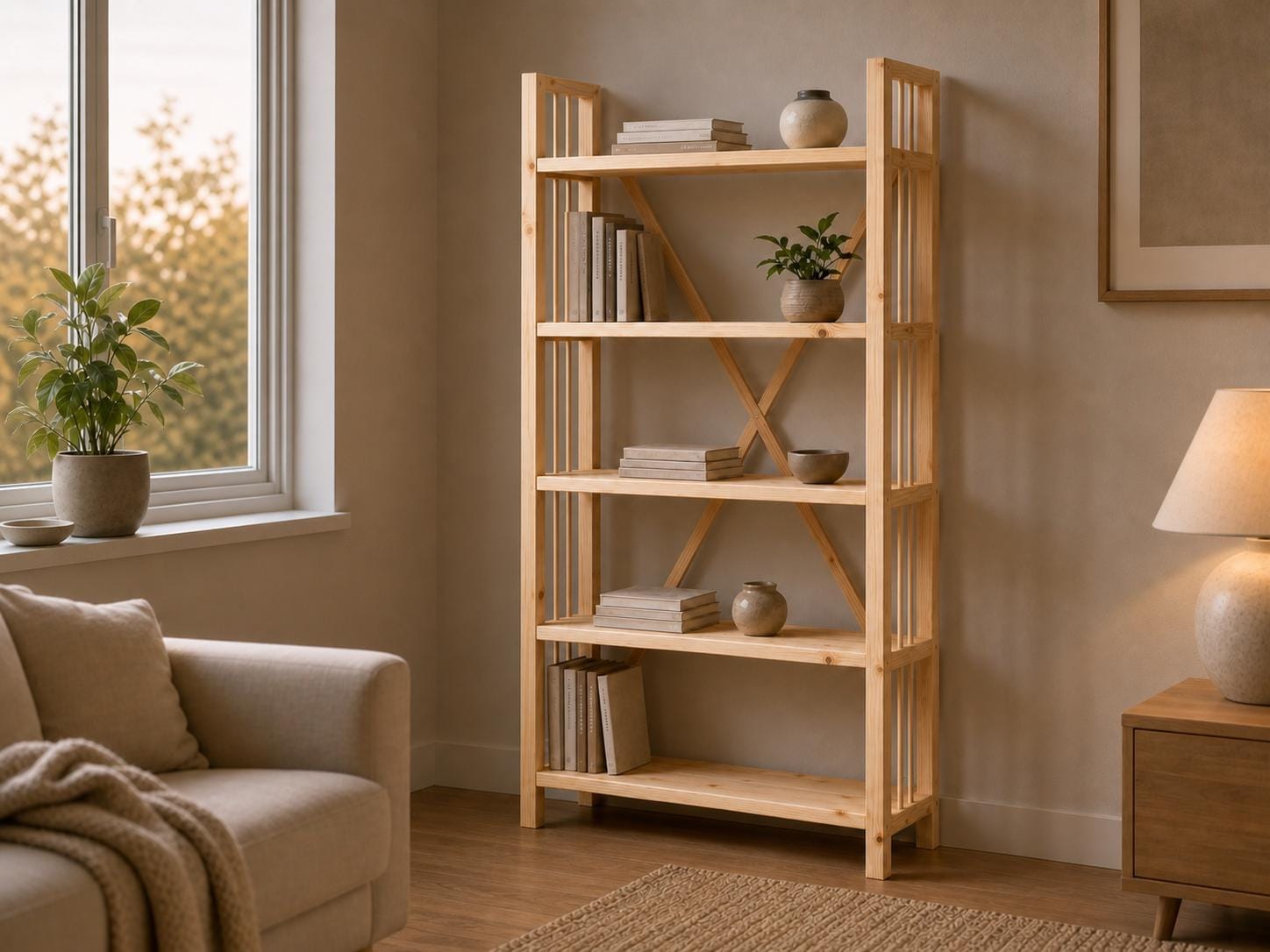 Solid Pine Open Bookcase, Natural Wood, Minimalist Modern Furniture