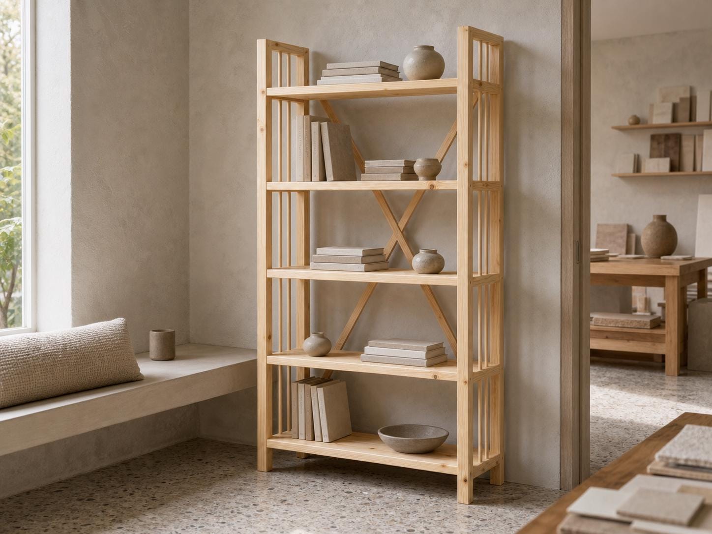 Solid Pine Open Bookcase, Natural Wood, Minimalist Modern Furniture