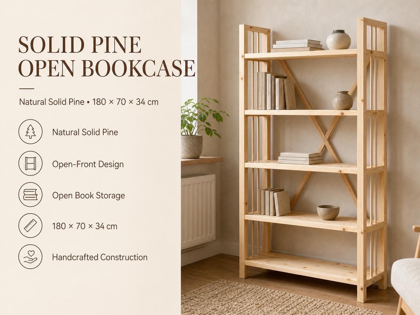 Solid Pine Open Bookcase, Natural Wood, Minimalist Modern Furniture