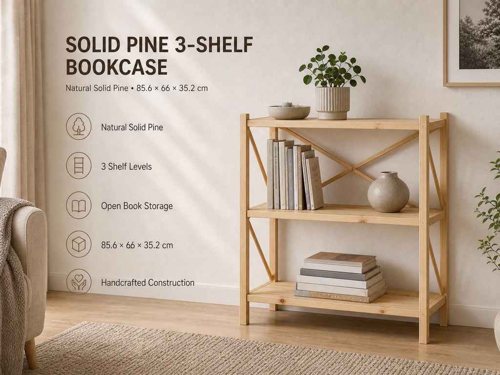 Solid Pine 3-Shelf Bookcase | Natural Wood Open Storage Furniture