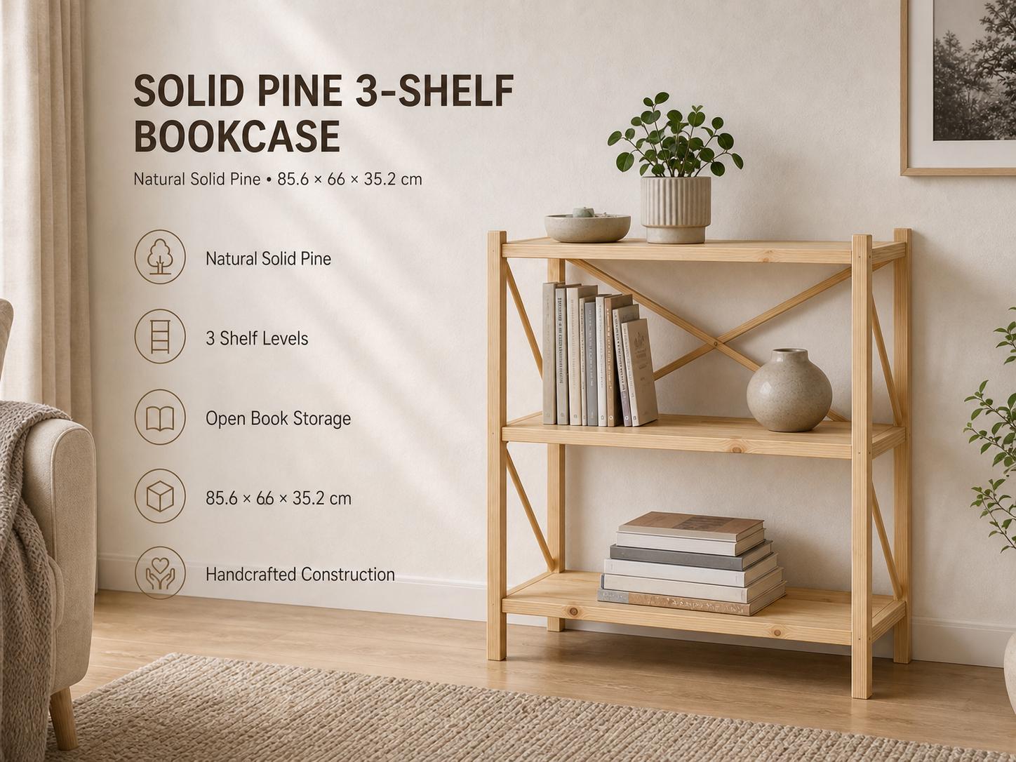 Solid Pine 3-Shelf Bookcase | Natural Wood Open Storage Furniture