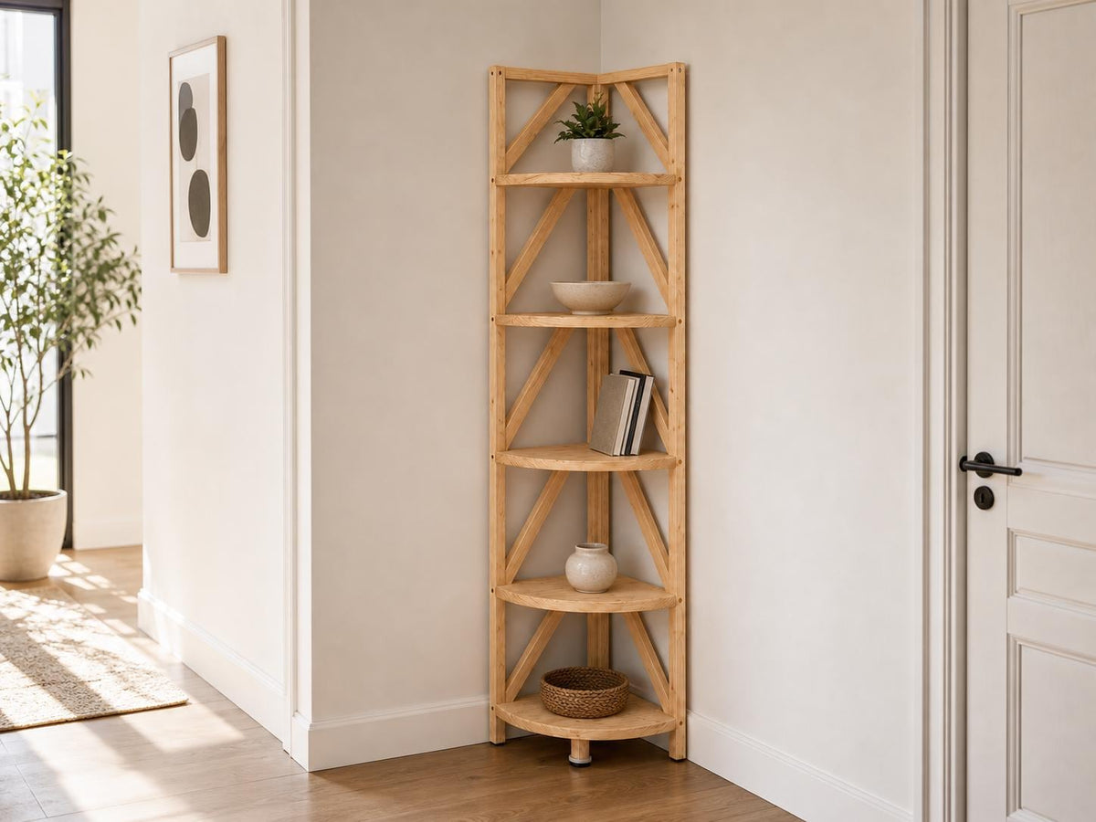 Natural Pine Corner Bookshelf, Minimalist Open Storage, Eco-Friendly Modern Furniture